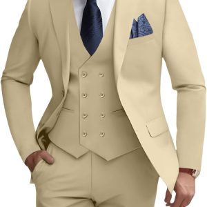 Mens 3 Piece Slim Fit Suit Set, Double Breasted Blazer Vest Pants Business Tuxedo Dress