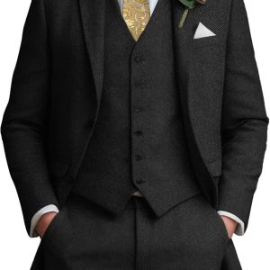 3 Pieces Tweed Men's Suits Slim Fit Wedding Suit Grooms Prom Brown Wool Suit for Men Tuxedos Jacket Vest Pants Set