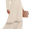 Women  Boho Long Sleeve Square Neck Smocked High Waist Flowy A Line Lace Trim Maxi Dress