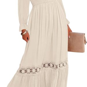 Women  Boho Long Sleeve Square Neck Smocked High Waist Flowy A Line Lace Trim Maxi Dress