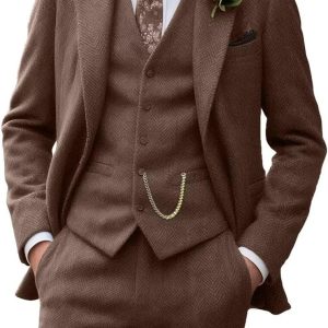 Retro Tweed Men's Suit 3 Piece Slim Fit Herringbone Suits Groom Tuxedos Set Wedding Prom Blazer Jacket Vest Pants for Men