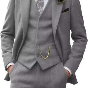 Retro Tweed Men's Suit 3 Piece Slim Fit Herringbone Suits Groom Tuxedos Set Wedding Prom Blazer Jacket Vest Pants for Men
