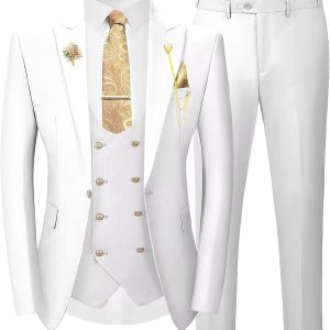 3 Pieces Suits for Mens Slim Fit Gold Button Double Breasted Suit Men Tuxedos Wedding Suits Set Mens White Suit