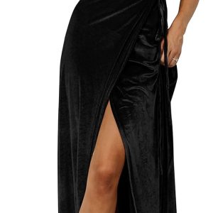 Women V Neck Wrap Velvet Maxi Dress Bell Sleeve Split Bridesmaid Cocktail Party Dresses