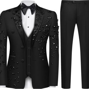 Luxury Men's 2 Piece Suit Slim Fit Solid 2 Button Beads Crystal Party Wedding Tuxedo Suits Blazer Jacket Pants Set
