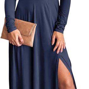 Women Deep V Neck Long Sleeve Slit  Fall Elegant Formal Wedding Guest Cocktail Evening Date Prom Maxi Long Dress