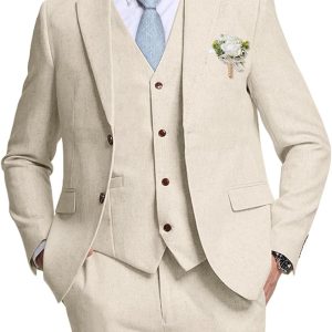 High-End Suits Retro Linen Suit for Men Casual Wedding Suit for Men Slim Fit 3 Pieces Jacket Blazer Vest Pant Groom Tuxedo