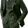 Retro 3 Piece Suit Tweed Herringbone Men's Suits Slim Fit Groom Tuxedos Set Prom Brown Grey Jacket Blazer Vest Pants