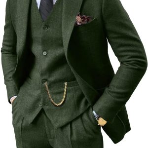 Retro 3 Piece Suit Tweed Herringbone Men's Suits Slim Fit Groom Tuxedos Set Prom Brown Grey Jacket Blazer Vest Pants