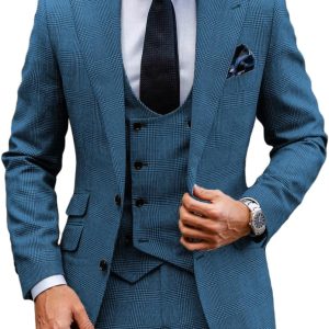 Casual Men's Suits Regular Fit 3 Piece Double Breasted Wool Plaid Tuxedos Business Blazer+Vest+Pants Wedding