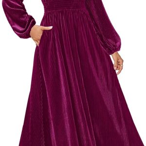 Women Velvet Midi Dress Casual V Neck Long Sleeve Solid Color Elastic High Waist Flowy Evening Party Dresses