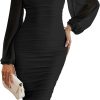 Women Long Puff Sleeve Ruched Bodycon Dress Square Neck Mesh Cocktail Party Midi Dresses