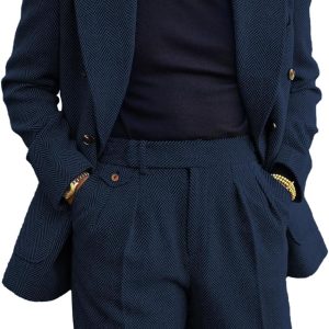 Men's 2 Piece Tweed Herringbone Suit Double-Breasted Tuxedo Party Wedding Blazer and Pants Set