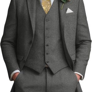 3 Pieces Tweed Men's Suits Slim Fit Wedding Suit Grooms Prom Brown Wool Suit for Men Tuxedos Jacket Vest Pants Set