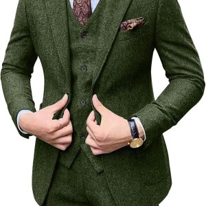 Retro Men Suit 3 Piece Tweed Herringbone Men's Suits Wool Jacket Tuxedos Wedding Grooms Blazer Vest Pants Set Prom