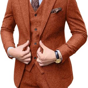 Retro Men Suit 3 Piece Tweed Herringbone Men's Suits Wool Jacket Tuxedos Wedding Grooms Blazer Vest Pants Set Prom
