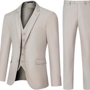 Men's Slim Fit 3 Piece Suit Set, Two Button Solid Blazer Jacket with Multi-Functional Pockets for Business/Party