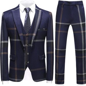 Mens Suits 3 Piece Check Plaid Suit Single Breasted One Button Jackets Formal Dress Party Prom Tuxedo Suits Blazer Set
