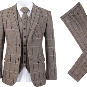 Men Wool Tweed Checked Suit 3 Piece Wedding Party Blazer Vest Pants