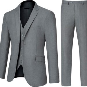 Men's Slim Fit 3 Piece Suit Set, Two Button Solid Blazer Jacket with Multi-Functional Pockets for Business/Party