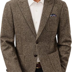 Mens Blazer Wool Blend Tweed Sport Coat Two Button Peaked Lapel Vintage Suit Jackets